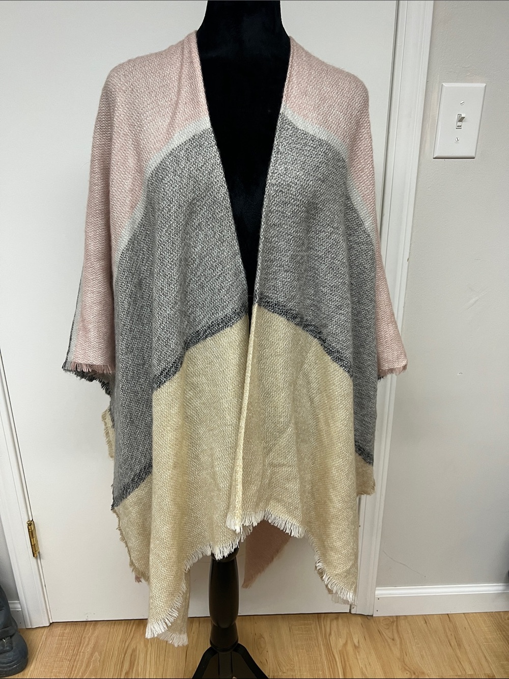 Soft Colorblock Open Front Poncho Wrap - Pink, Gray & Cream